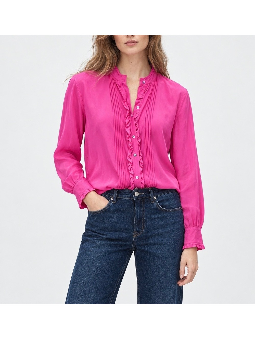J.Crew 100% Silk Fuchsia Pink Ruffle Pintuck Blouse Size 6P Petite